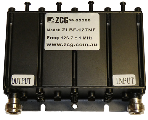 Airband compact bandpass filter, 118-136 MHz, specify 1 MHz, 100W, N-type female – 128mm x 150mm x 40mm